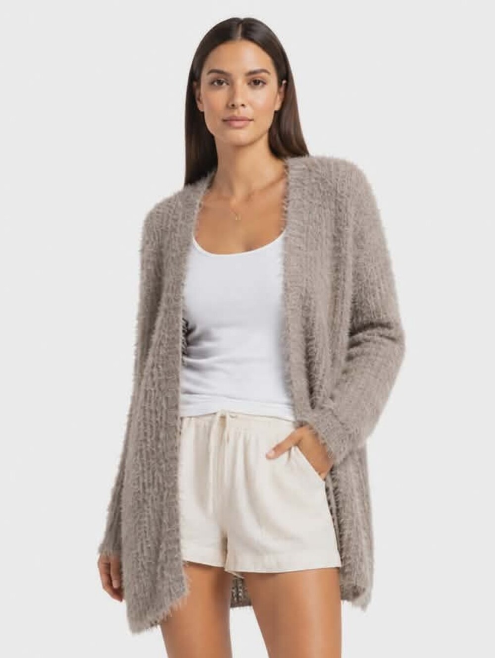 Kensie Eyelash Knit Open Front Long Cardigan Taupe Soft Fuzzy Sweater Size M